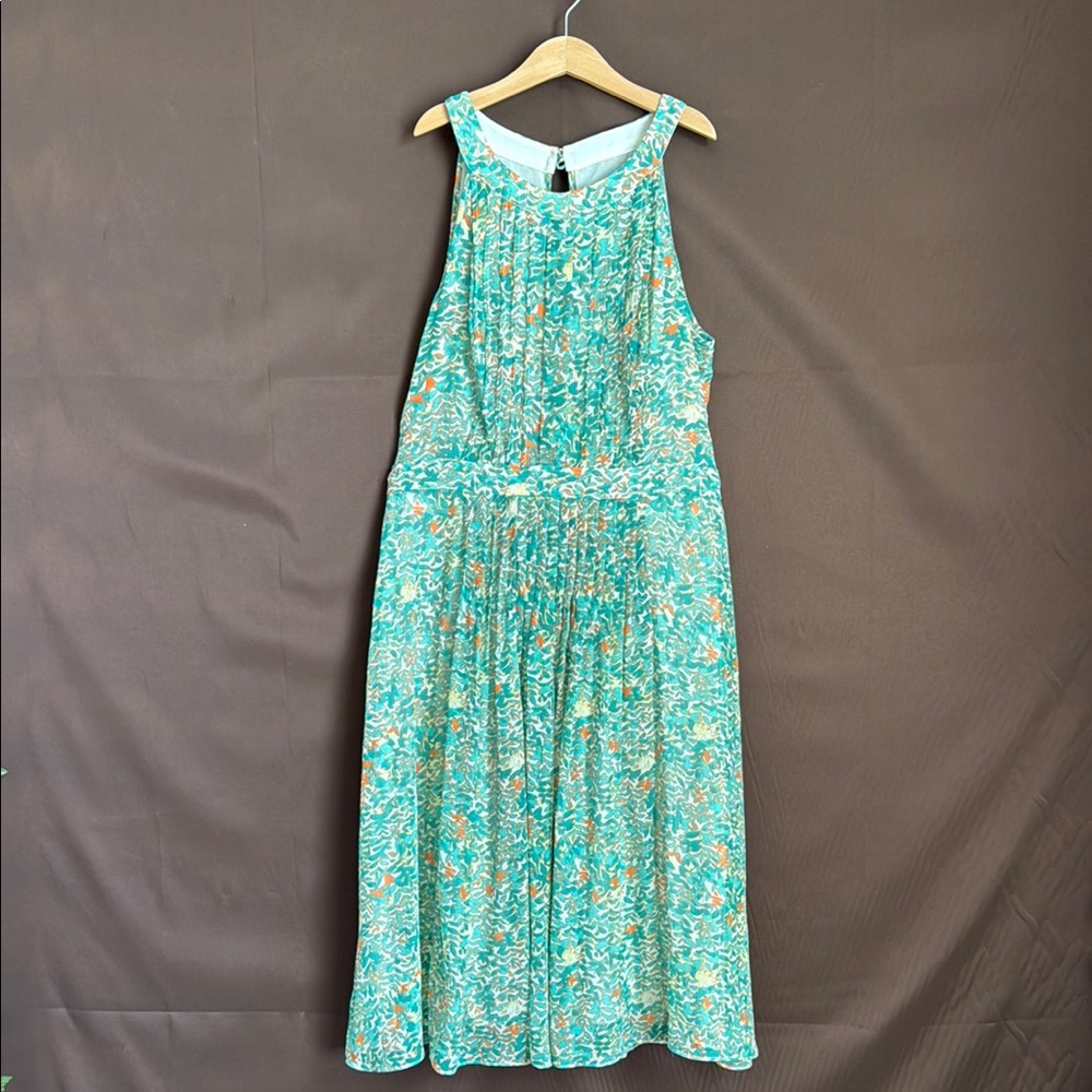 Adrianna Papell Floral Print Chiffon Pleated Dress Teal w/ Orange Accents